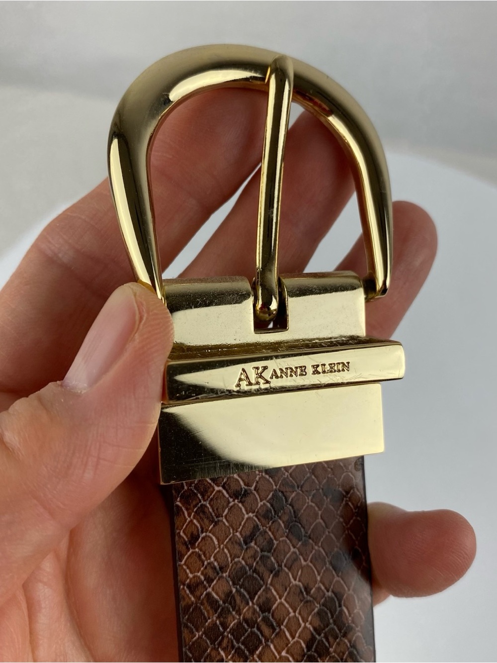Anne Klein Reversible Gold/Brown Snake-Print Belt with Gold-Tone Buckle